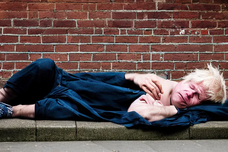 Image similar to closeup portrait of homeless boris johnson sleeping under a london bridge, natural light, sharp, detailed face, magazine, press, photo, steve mccurry, david lazar, canon, nikon, focus