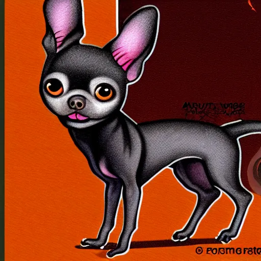 Image similar to a dark brown chihuahua, hyper detailed, in the style of junji ito, full body