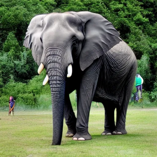 Prompt: a couple of people standing next to an elephant