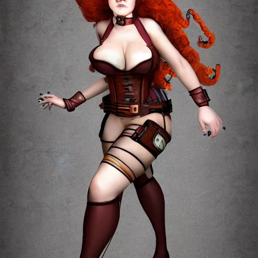 Image similar to redhead steampunk scientist's body is accidentally inflated huge and round by and experiment gone wrong. her clothes are stretched tightly around her and she's about to burst. photorealistic full body image