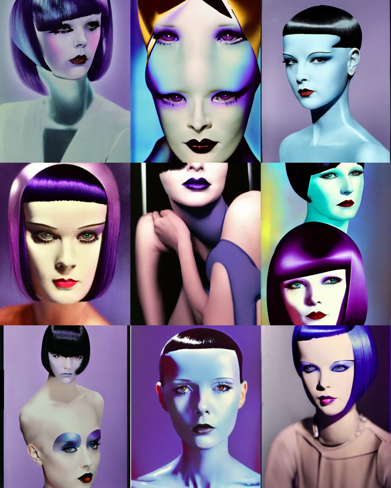 Prompt: mary louise brooks, robotic look, 1 9 8 0 s airbrush, blue rim lighting, geometric makeup, purple shiny bob haircut