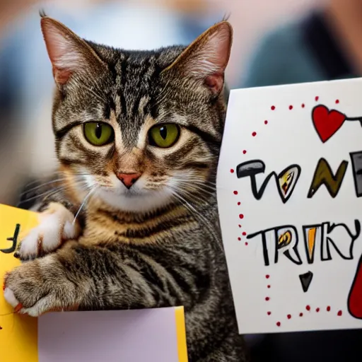 Prompt: a tabby cat holding a sign that says