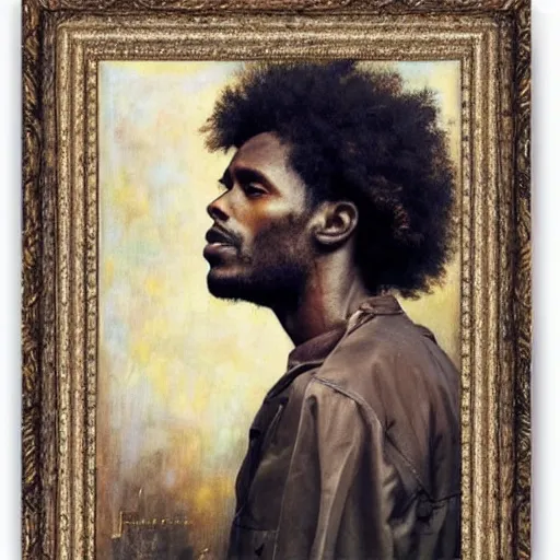 Image similar to east african man with curly hair, philosophical, contemplative, vintage, by jose miguel, francois fressinier, giovanni battista, jose miguel, beautiful, dreamy