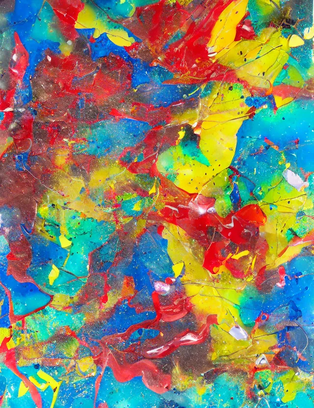 Prompt: abstract composition with oil sticks and broken pieces of colored shiny glass, 3D version of a painting colorful abstract with dripped ink and sea glass, Acrylic Paint, Oil Paint, Dripping Paint, Splatter Paint, Exterior, Stellation, Seaglass, Ruby, Lapis Lazuli, Agate, Firework, De-Noise