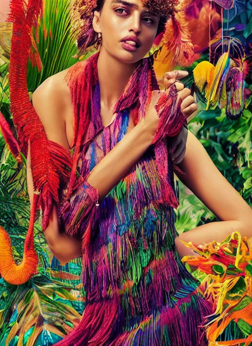 Image similar to beautiful portrait of Irina Shayk wearing fantastic Hand-dyed cotton dress,embellished beaded feather decorative fringe knots ,colorful pigtail,subtropical flowers and plants,dramatic lighting,symmetrical face,intricate,elegant,highly detailed,8k,post-processing,digital painting,trending on artstation, GUCCI,PRADA,concept art, sharp focus, illustration, by artgerm,Tom Bagshaw,Lawrence Alma-Tadema,greg rutkowski,alphonse Mucha