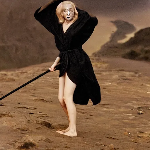 Image similar to a blonde woman in a black robe throwing up, a beautiful english woman with a long face narrow nose pale skin blue eyes red lips and wild messy tangles of curly white blonde hair, high resolution film still wearing a black robe and skull necklace and holding a spear, sandy, a journey to the west