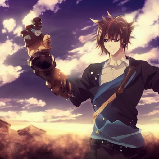 Image similar to anime man with a steampunk prosthetic arm, handsome, finely detailed, cinematic lighting, clouds, sky, sunlight, anime,