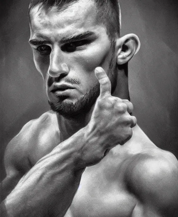 Image similar to portrait of a handsome young spanish wrestler, art by denys tsiperko and bogdan rezunenko, hyperrealism