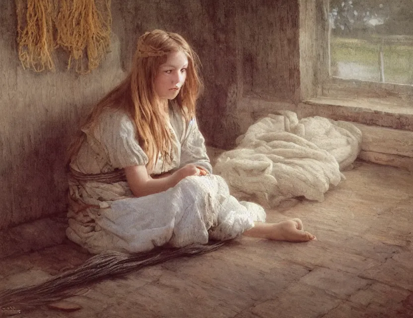 Image similar to peasant girl with long hair yarn knitting, cottage core, cinematic focus, polaroid photo bleached vintage pastel colors high - key lighting, soft lights, foggy, by steve hanks, by lisa yuskavage, by serov valentin, by tarkovsky, 8 k render, detailed, oil on canvas