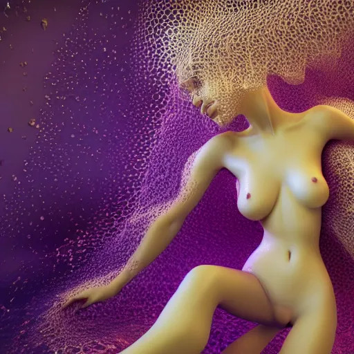 Image similar to 3 d pyro liquid simulation render, octane render, xparticles,, female bodies, intricate details, female body covered in white blanket, white carved abstract sculpture, amethyst mineral quartz, swirly curls, abstract white fluid, golden edges and fractals, wasili kandinski, artstation, render, cinema 4 d, art noveau fresco