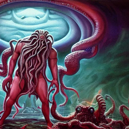 Prompt: beautiful cinematic scene of Cthulhu the cosmic god consuming the fearful people