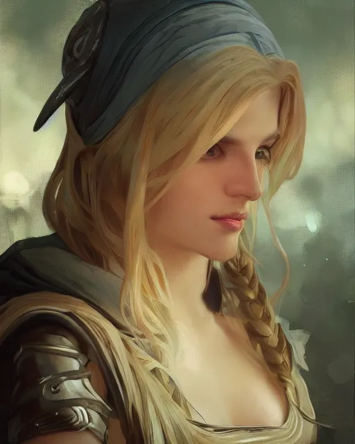 Image similar to '' Portrait of Beautiful blonde Slavic woman in her early 30’s, league of legends, LOL, fantasy, d&d, digital painting, artstation, concept art, sharp focus, illustration, art by greg rutkowski and alphonse mucha ''