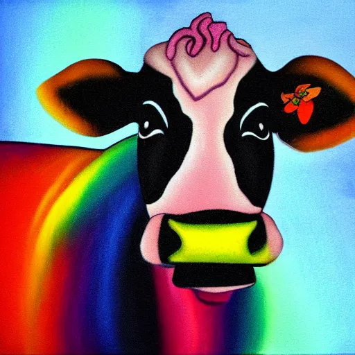 Prompt: a cow with rainbow fur full portrait by artgerma