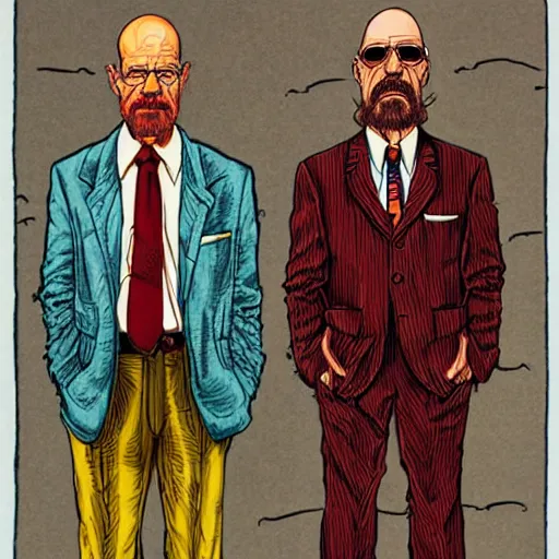 Image similar to The Artwork of R. Crumb and his Cheap Suit Breaking-Bad-Walter-White, pencil and colored marker artwork, trailer-trash lifestyle