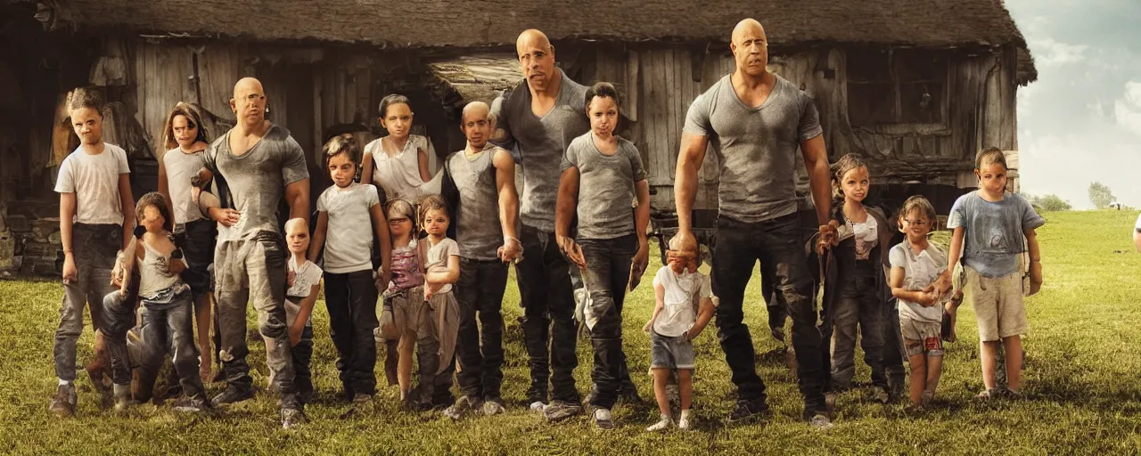 Image similar to closeup photo of vin diesel and his 6 children, sunny day, village house, pastoral, happy, cinematic, art by jan urschel and neil blevins