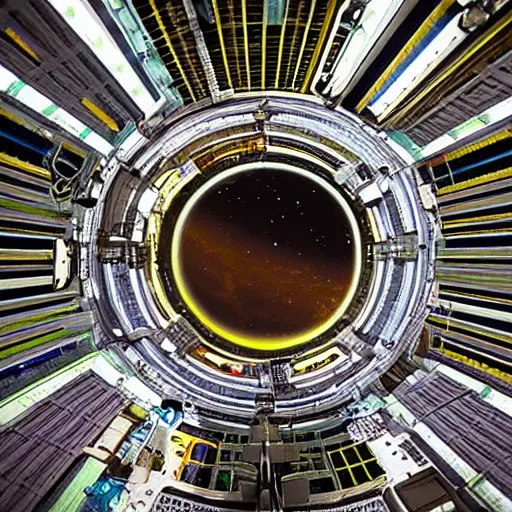 Image similar to on the inside of a gigantic o'neill cylinder, space station with city inside, forest, wide angle, panoramic,