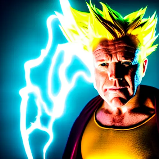 Prompt: uhd candid photo of alex e. jones as a super sayian, glowing, global illumination, studio lighting, radiant light, detailed, correct face, elaborate intricate costume. photo by annie leibowitz