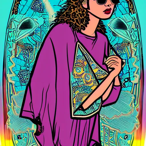 Prompt: a tarot card of leana lovings wearing slotted sunglasses and a poncho, vaporwave style, digital art, detailed, psychedelic art, silly attitude