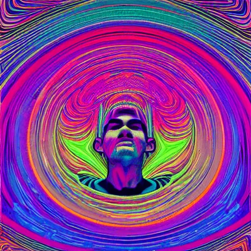 Prompt: man trasforming into an enlightened being, psychedelic, vaporwave,'9 0 s