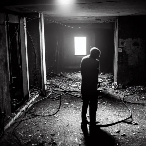 Prompt: two men in black, looking at a bright light in the dark grimy grungy basement of an abandoned apartment block, wires, cables, grainy black and white photography