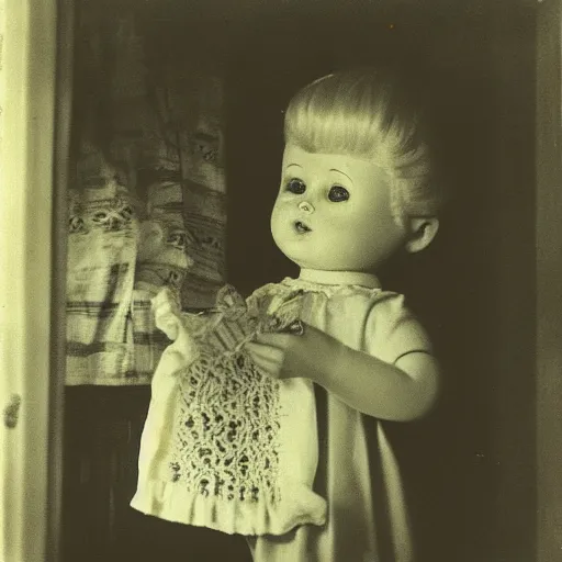 Prompt: creepy vintage doll peeking around corner in darkly lit basement photo by william mortensen