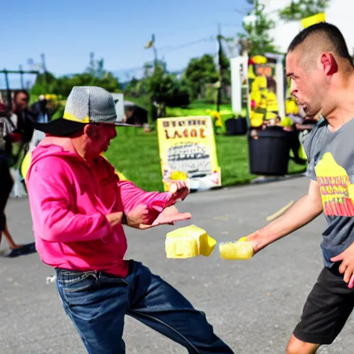 Image similar to a man roundhouse kicks a lemonade stand