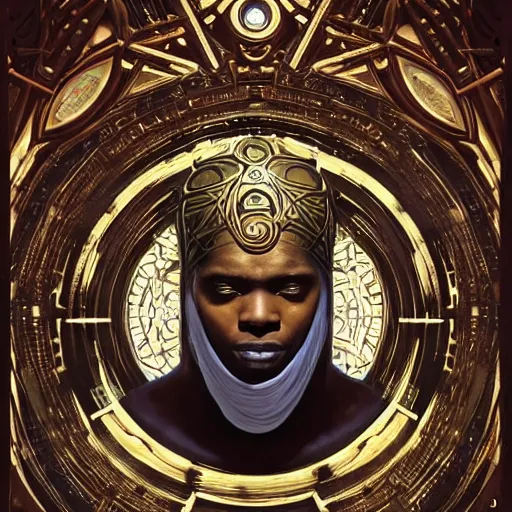 Image similar to symmetry!! an african moor wearing white robes and turban entering the voidspace. ornate, golden, steampunk stargate. front game card. marvel comics. dark. intricate. highly detailed. smooth. artstation. digital illustration by ruan jia, mandy jurgens, artgerm, wayne barlowe, greg rutkowski, and zdislaw beksinsk.