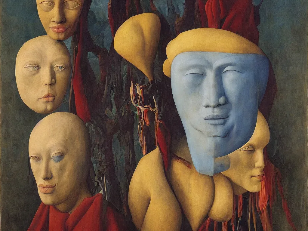 Prompt: portrait of albino mystic with blue eyes, with beautiful exotic, archaic, prehistoric, simple, giant Oceanian mask, sculpture. Night. Painting by Jan van Eyck, Audubon, Rene Magritte, Agnes Pelton, Max Ernst, Walton Ford