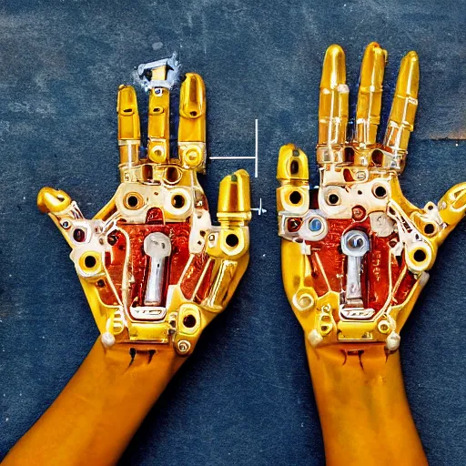 Prompt: photograph of mechanical hands are the rulers of everything