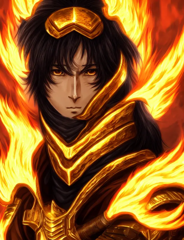 Image similar to a detailed manga portrait of a black haired man with hazel eyes in gleaming golden armour that burns with golden fire, trending on artstation, digital art, 4 k resolution, detailed, high quality, sharp focus, hq artwork, coherent, insane detail, character portrait