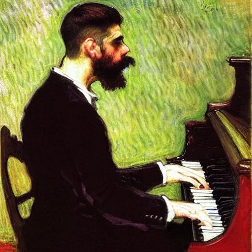 Image similar to attractive man playing piano, painting by tom of finland, john william waterhouse, claude monet