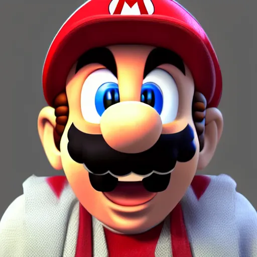 Image similar to mario if he real, photorealistic, cgi render, disturbing, actual human face