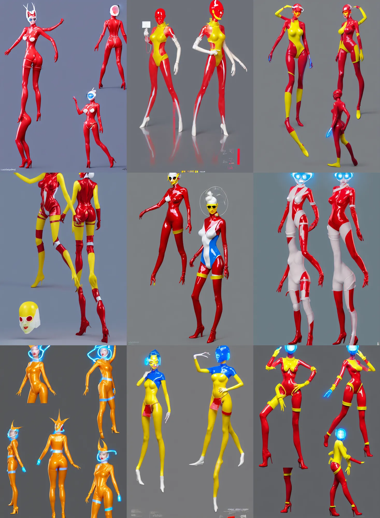 Image similar to a full body character design by loish, hong soonsang, tooth wu and zeen chin white and yellow tape and red translucent plastic tape attctive showgirl!! sci - fi helmet with blue glowing eyes!! sharp edges. contour light!! ultra detailed, elegant, intricate, octane render.