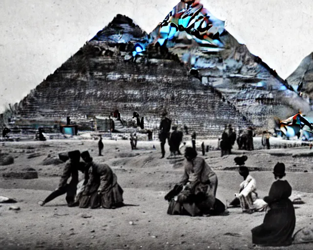 Image similar to a photo from the early 1800s of people examining a spaceship in front of the Pyramids at Giza