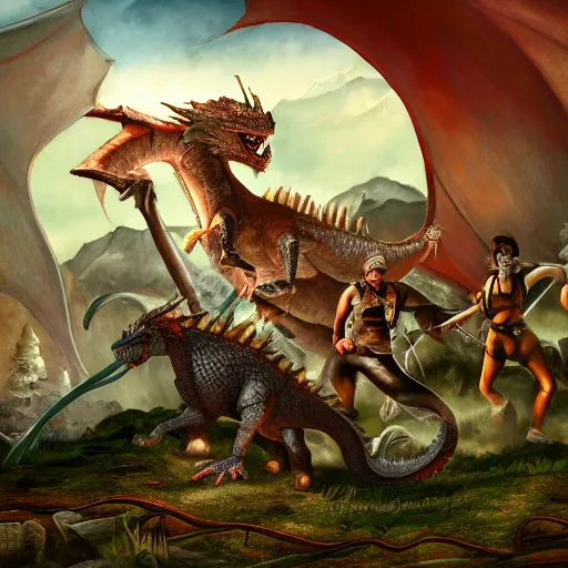 Prompt: a group on adventures fighting a mighty dragon, by Daniel R. Horne