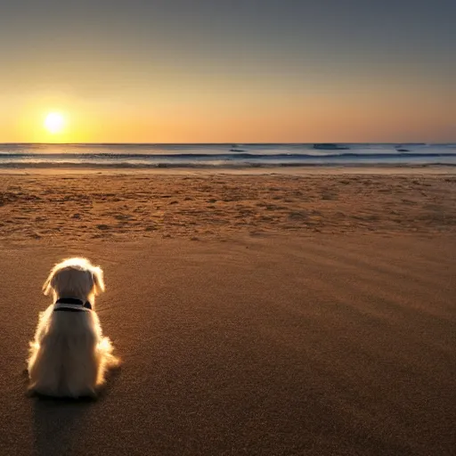 Image similar to a small dog sitting on top of a sandy beach, a picture by wes anderson, shutterstock contest winner, dau - al - set, sense of awe, angelic photograph, majestic