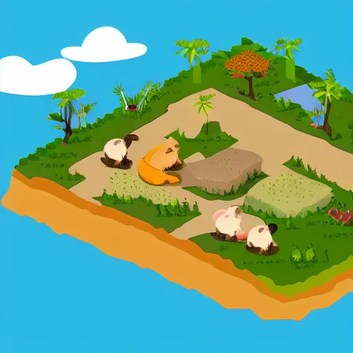 Image similar to isometric view of an island full of guinea pigs and rabbits