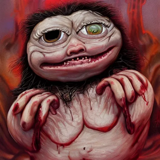 Image similar to insane crazy bloody red skrimp big chungus big eyes wide open, horrific sentient meatloaf, holding meatloaf, sloppy, gross, meatloaf, hyper realistic, terrifying, disturbing, strange, bizarre, masterpiece, meatloaf is everywhere,, liquid, 4 k, vivid colors, elegant, john park, frazetta, john howe, ruan jia, jeffrey catherine jones