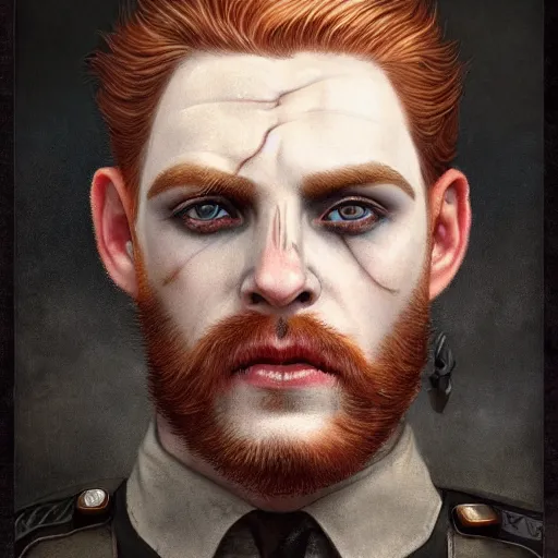 Prompt: fantastic close up portrait of a ginger pale vampire police officer with short hair and a patchy beard, highly detailed, face in focus, sharp focus, art by tom bagshaw and manuel sanjulian