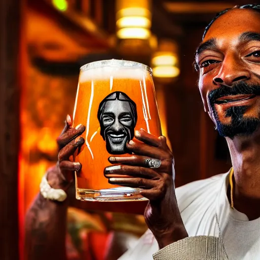 Prompt: a closeup photorealistic photograph of happy snoop dogg at trader vic's bar presenting a trader vic's tiki mug that features the face of snoop dogg. brightly lit scene. this 4 k hd image is trending on artstation, featured on behance, well - rendered, extra crisp, features intricate detail, epic composition and the style of unreal engine.