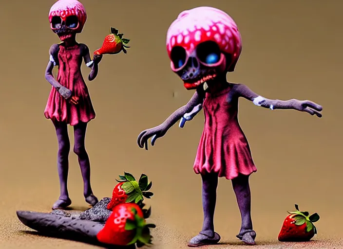 Prompt: a very sad femo figurine of a cute funny undead strawberry fairy zombie with bandages wearing a dirty floral torn strawberry dress featured on dark souls by beksinski and gamesworkshop, carrying survival gear, wearing strawberry backpack, shambling aimlessly in the night, dark melancholic atmosphere, 🎀 🧟 🍓 🧚