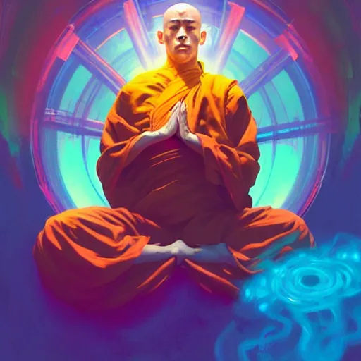 Image similar to a floating monk meditating, channeling swirling energy, wearing cyberpunk clothing, vaporwave aesthetic, colorful, psychedelic, digital painting, artstation, concept art, smooth, sharp focus, illustration, art by artgerm and greg rutkowski and alphonse mucha