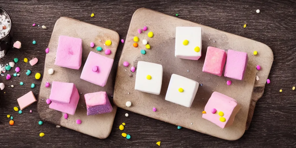 Image similar to photograph of a marshmallow cubes with sprinkles and on a dark wooden chopping board, pastel colours, hessian cloth, styled food photography, photorealistic, 4 k, coffee, chocolate, hdr, 8 k