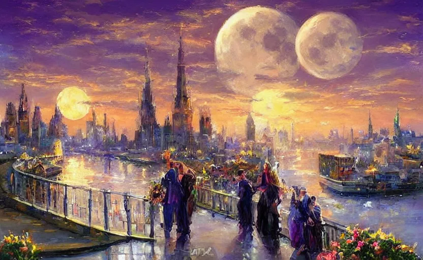 Image similar to Beautiful alchemy cityscpae, the moon is in the sky. By Konstantin Razumov, highly detailded