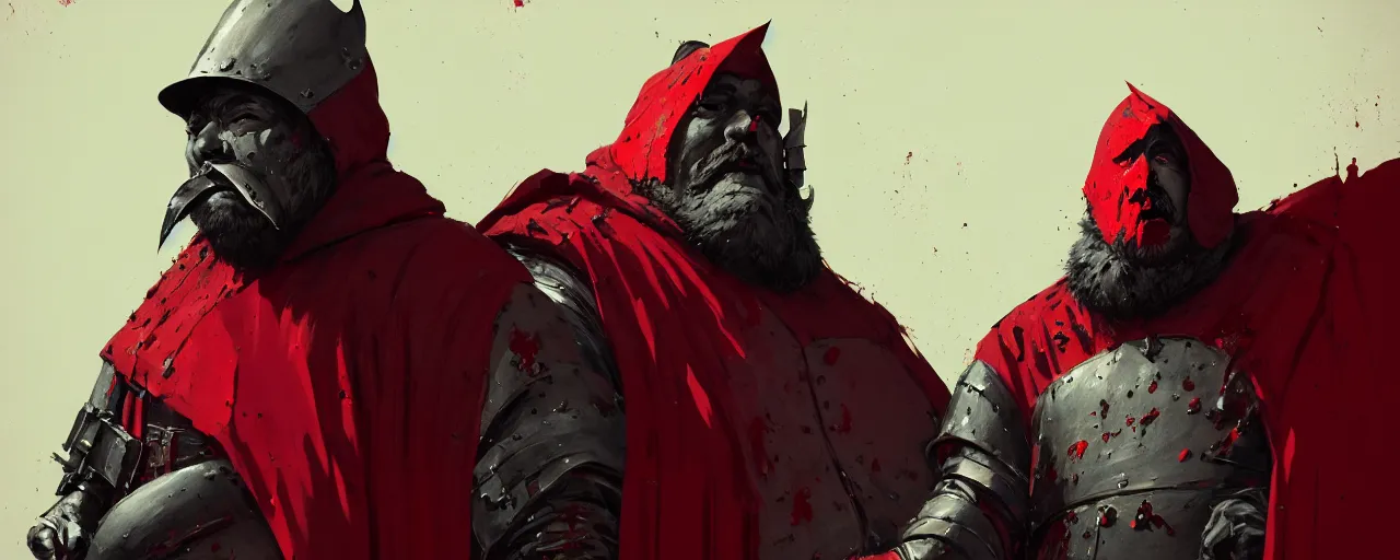 Image similar to duotone crimson comic noir illustration 3 / 4 portrait of bloody baron fat old man with patchy beard in steel armor and crimson cape hood from wicther 3 sitting in a wooden stronghold. by sachin teng and sergey kolesov and ruan jia and heng z. graffiti art, scifi, fantasy, hyper detailed. octane render. concept art. trending on artstation