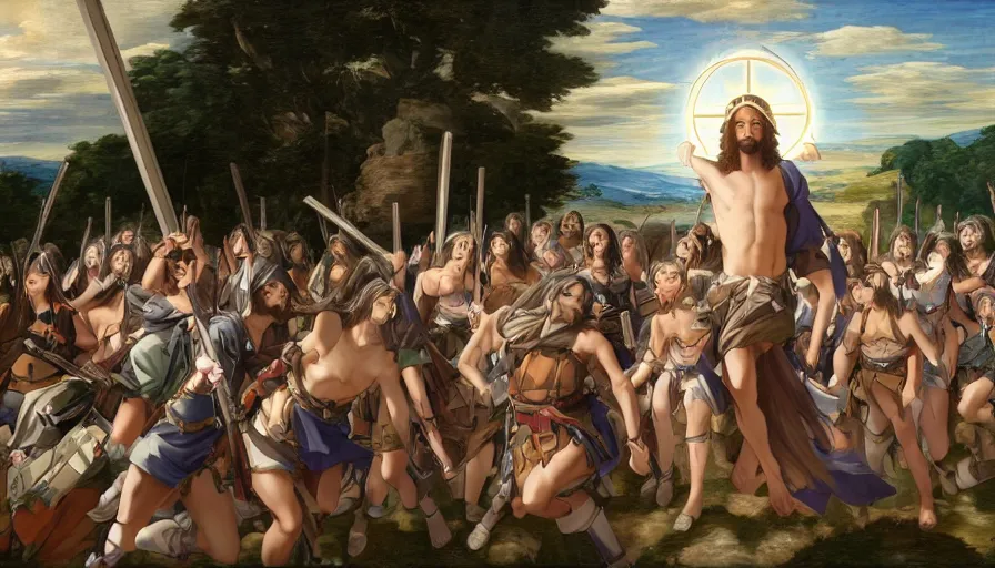 Image similar to jesus christ our lord leading an army of anime girls into battle, photorealistic, anime, mini skirt, long hair, renaissance painting, hyper real, detailed, wide angle shot, ultra detailed