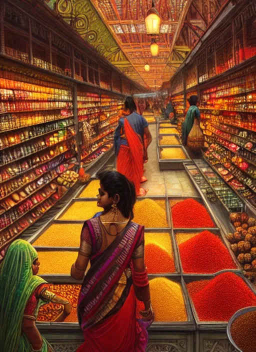 Image similar to an indian woman shopping at a spice market at night, wet, shiny, fantasy, intricate, elegant, hyper detailed, ultra definition, photoreal, artstation, unreal engine rendered, concept art, smooth, sharp focus, illustration, art by artgerm and greg rutkowski and alphonse mucha and garis edelweiss