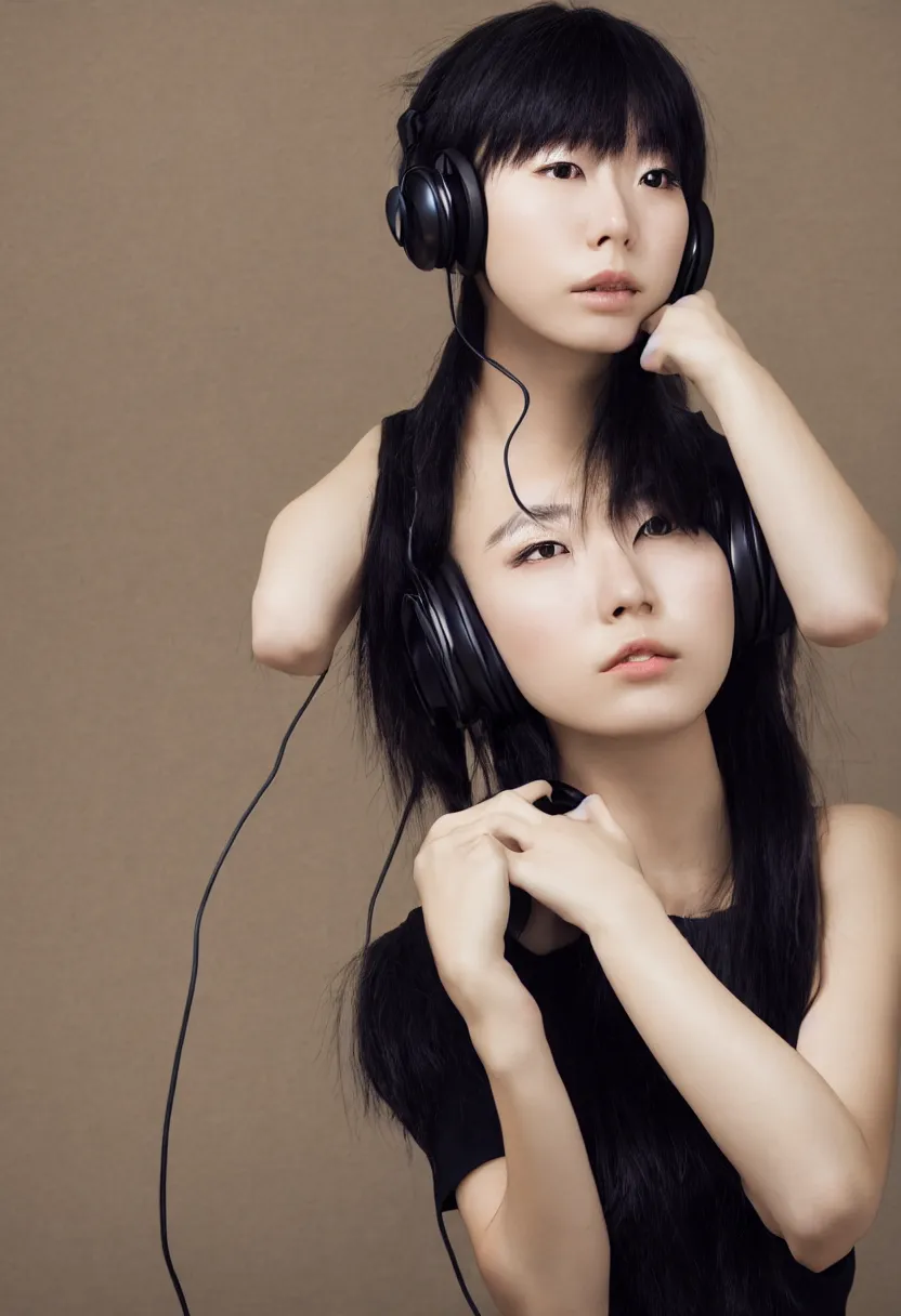 Image similar to single japanese young woman waist up portrait, headphones listening to music, elegant as fashion editorial shot, highly detailed, smooth, sharp focus, dramatic lighting, photo by vogue