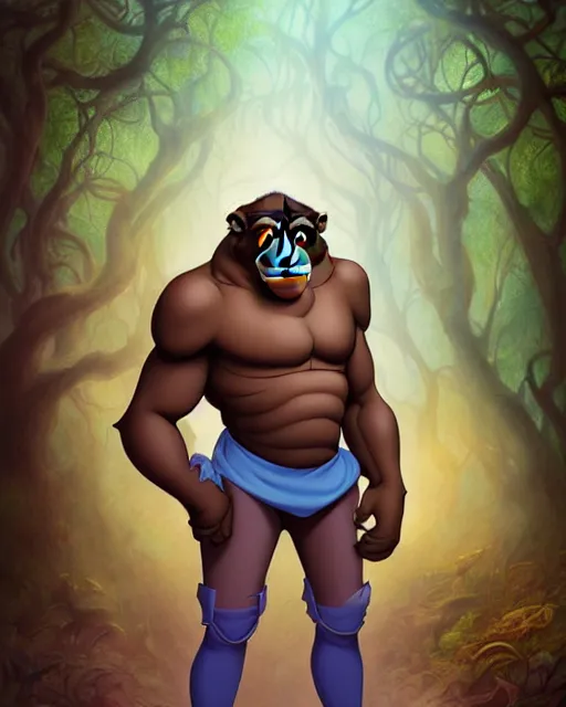 Image similar to don bluth, loish, artgerm, joshua middleton, steampunk, clockpunk anthropomorphic gorilla, full blue suit, smiling, symmetrical eyes symmetrical face, colorful animation forest background