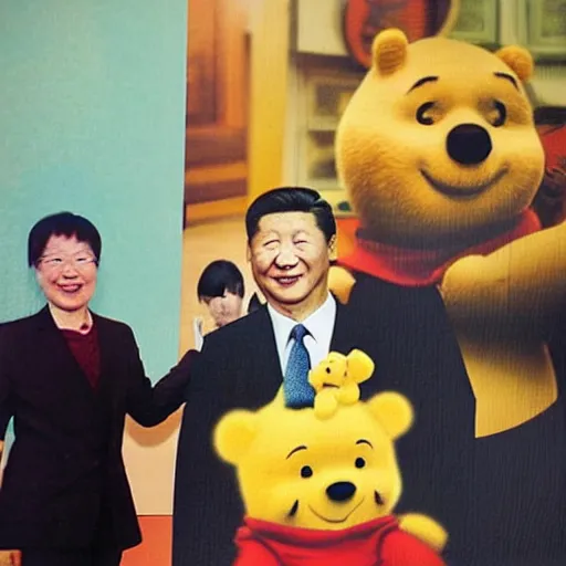 Image similar to polaroid photograph and ccp president xi jing ping pictured with winnie the pooh